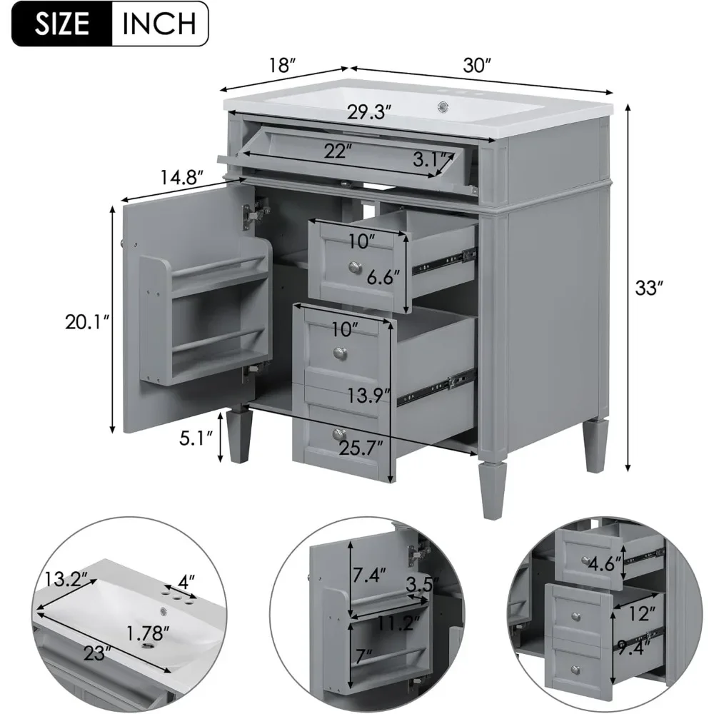 30'' Bathroom Vanity with Single Sink, Modern Bathroom Cabinets Freestanding with 2 Drawers and a Tip Out Drawer, Grey