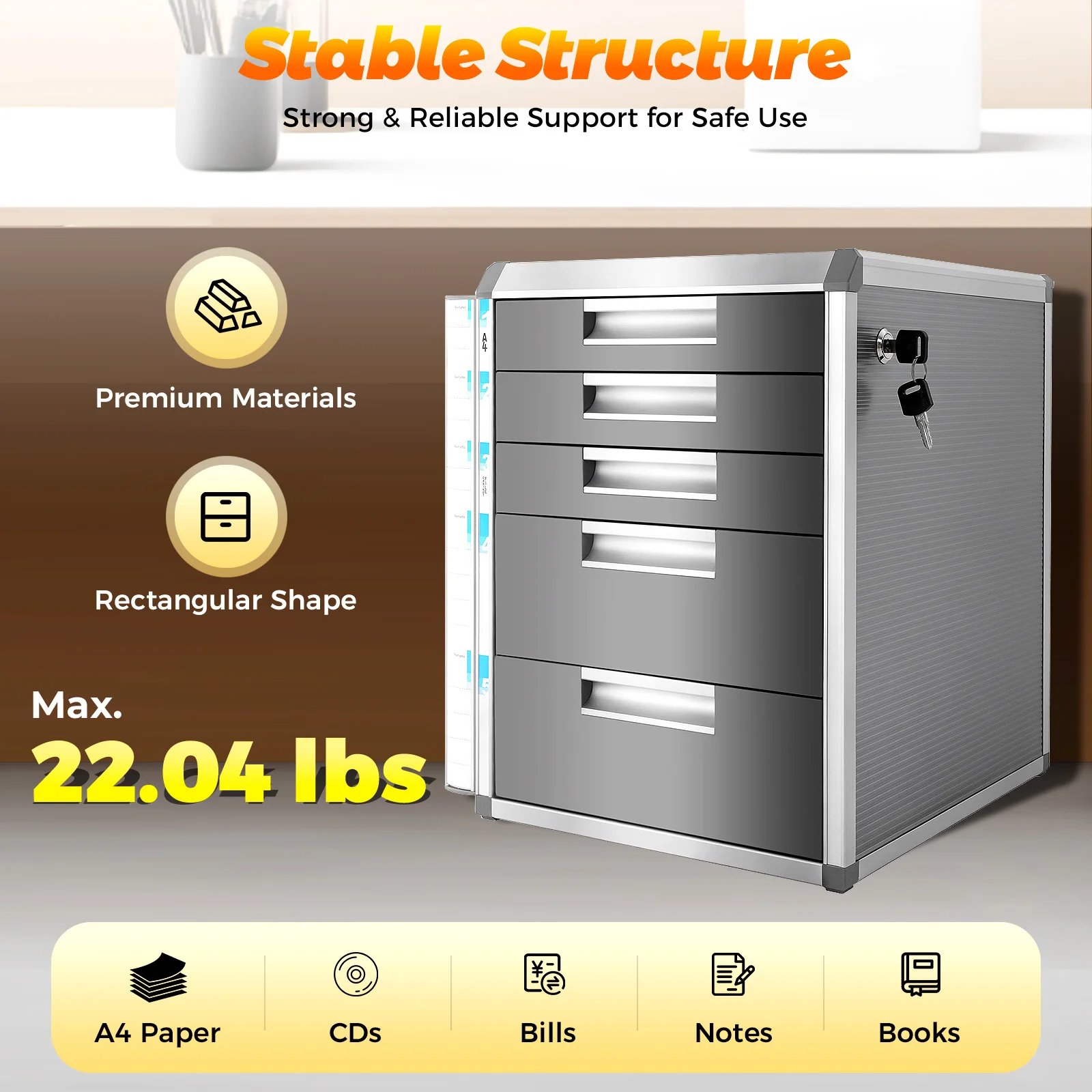 Lockable Document Storage Box 5 Drawers Aluminum Alloy Grey Modern Rectangular Freestanding Tabletop