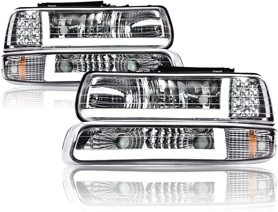 

Светодиодные фары в сборе, совместимые с Chevy Silverado 1999-2002/Suburban Tahoe 2000-2006, прозрачные линзы, хромированный корпус, янтарный Ref