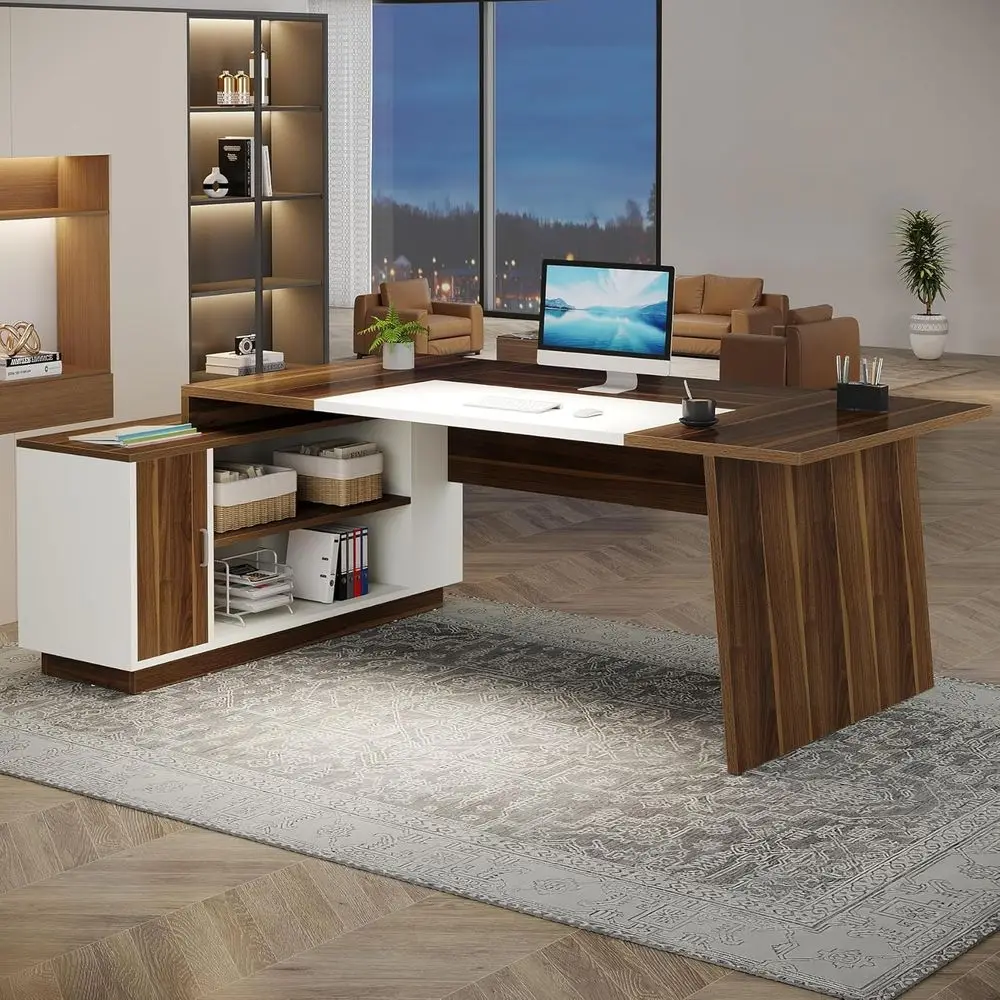 

L-Shaped Executive Oice Desk, 70.5-Inch -Century ern Executive Desk with Storage Cabinet and Shelves, Large Computer Desk or Hom