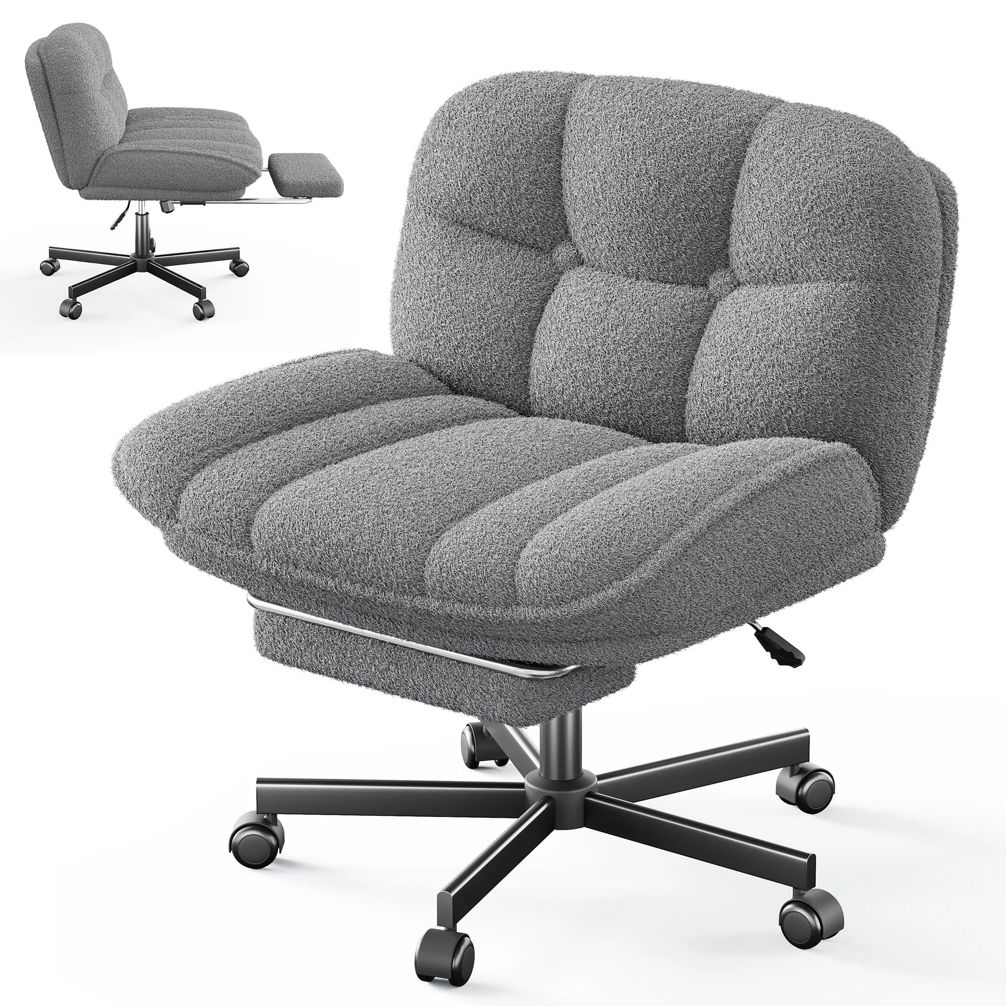 Thick Cushion Leisure Chair, Teddy Plush Cross Chair, Cross Legged Office Chair, Height Adjustable Desk Chair, Rolling Computer Chair with Footrest & Reclining Backrest