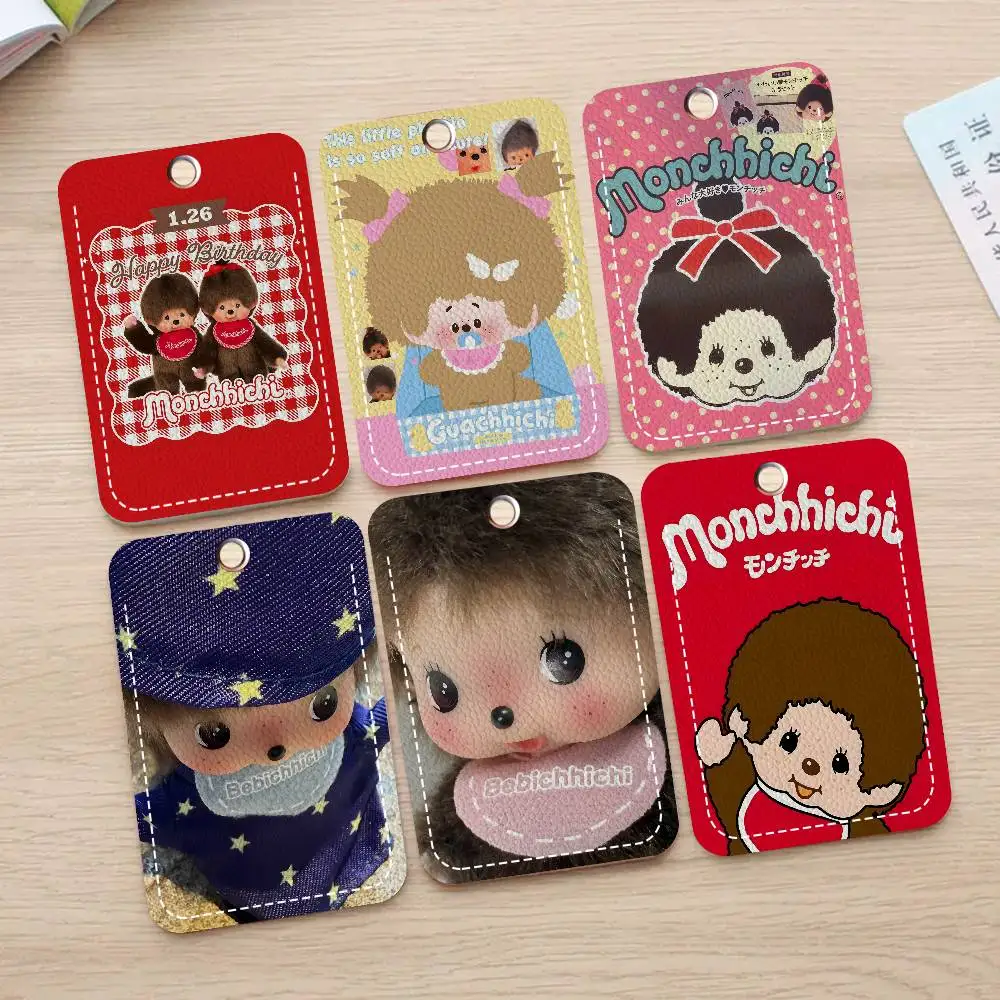 M-MonchhichiES Cartoon Rectangle ID Card Case Keychain Access Card Bag Key Tag Ring Leather Card Holder Key Ring Access