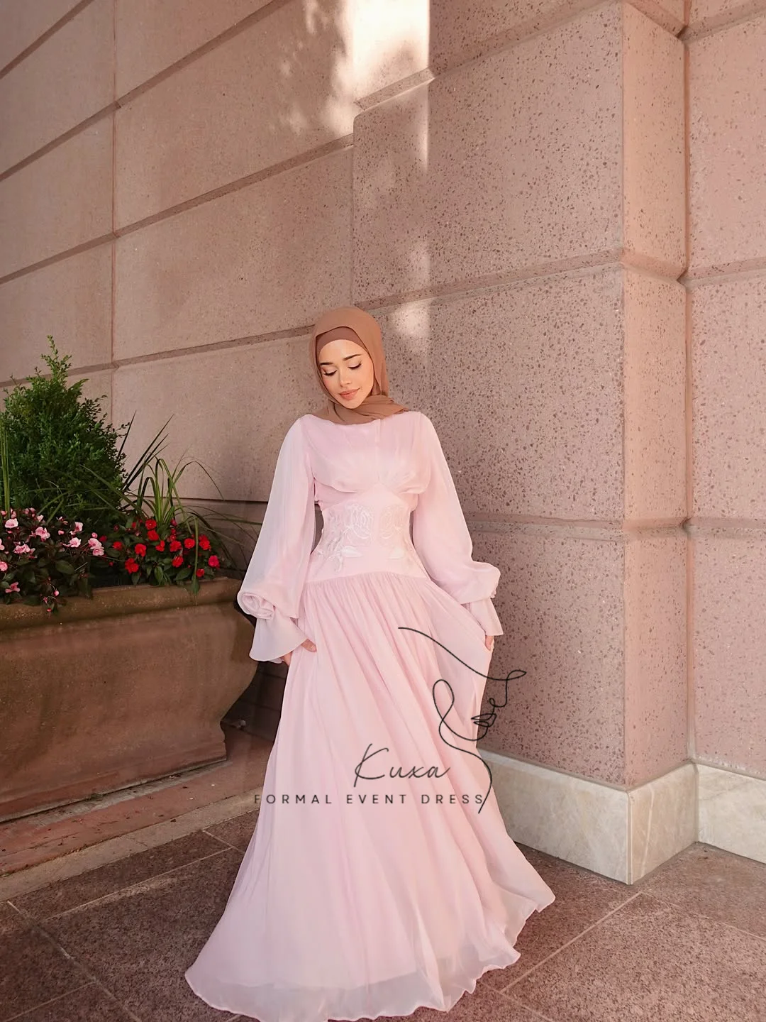 formal dresses muslim KUXA Customized A-line Evening Pleated O-neck Long Sleeves Floor-length Beads Pink Party Gowns فساتين سهرة 2026 LowStock:43300032643123