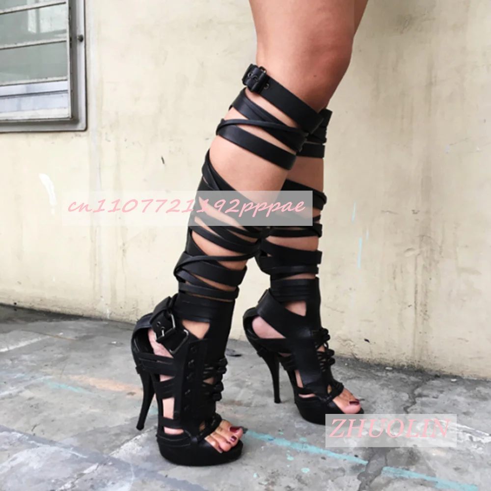 Women'S Straps Cross-Strap Genuine Leather High Heels Luxury Open Toe Back Zipper Knee-High Boots Elegant Sexy Summer Sandals 46