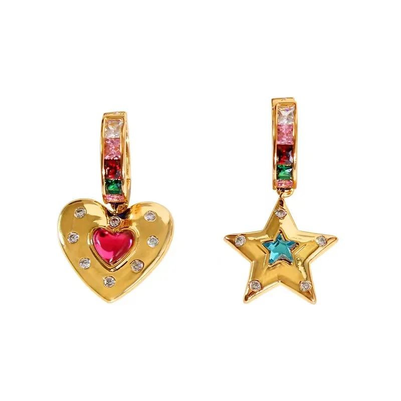 

Beautiful girl color zircon brass love star asymmetric earrings, light luxury high-end earrings