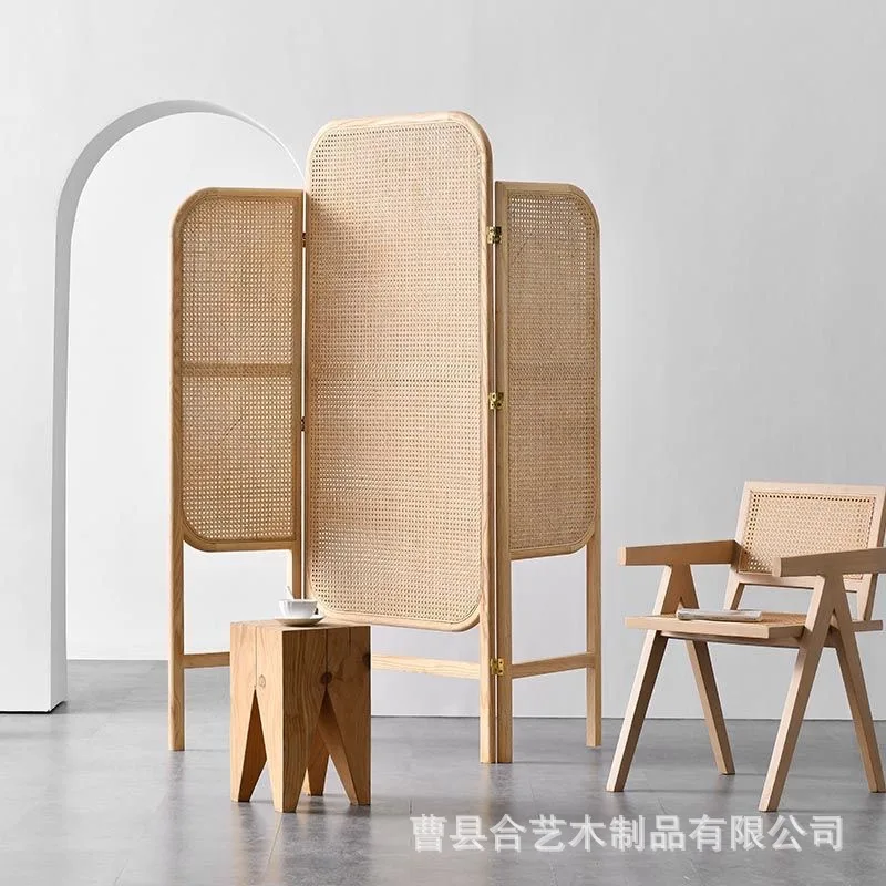 Retro wabi silent wind solid wood rattan screen Chinese home office B & B folding screen movable entrance partition