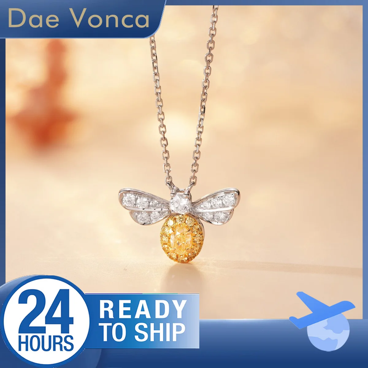 

Bee Shaped Center Stone Oval Cut Yellow Natural Diamond Necklace 18K White Gold Total 0.27ct Natural Diamond Pendant Necklace