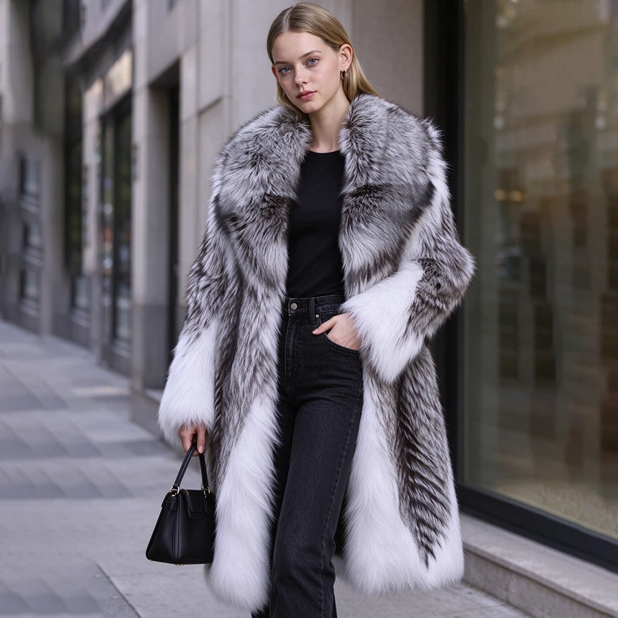 Long Fox Fur Coat With Turndown Collar Combined Fox Fur Jacket Real Silver Fox Fur Coat New Natural Fur Coats For Women