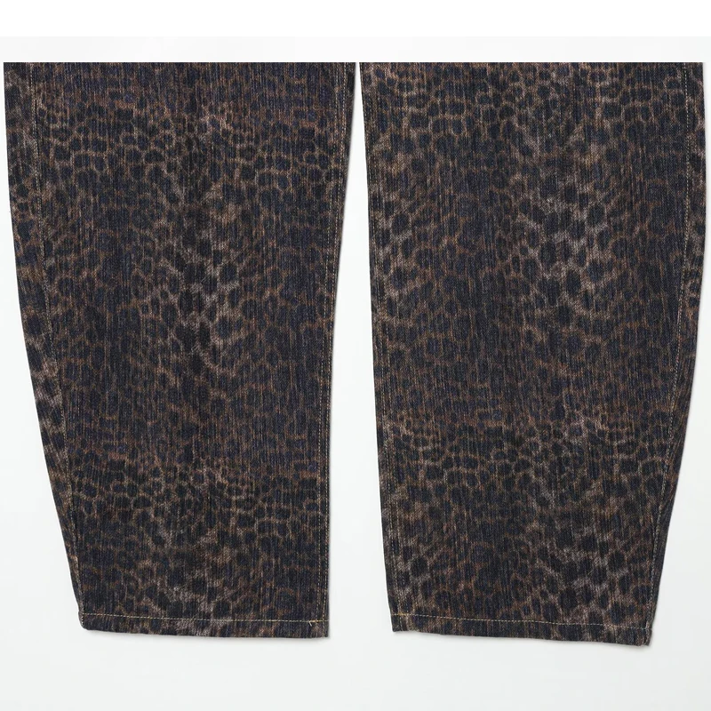 Damenhose mit Leopardenmuster, Damenjeans mit mittlerer Bundhöhe, braune, Vintage-Jeans mit weitem Bein für Damen, lässige Jeanshose, Streetwear. – Detail 11