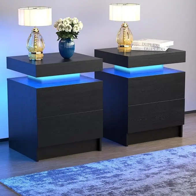 LED Nightstands Set of 2, Modern White Night Stand End Tables with APP & Remote Control LED Lighting, 2 Drawers, Open Shelf