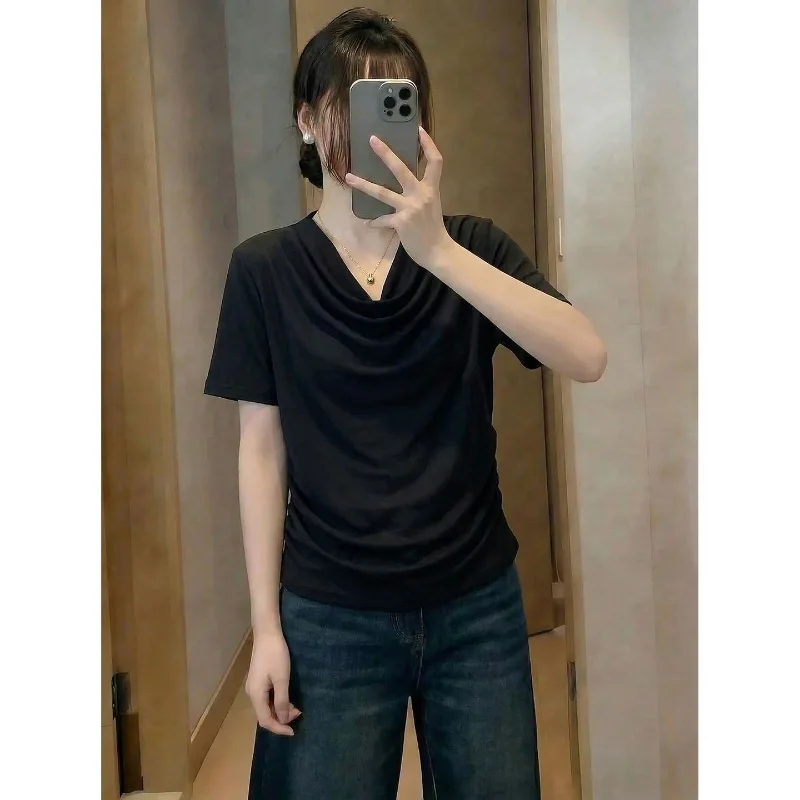 Women Draped Collar Short Sleeve T Shirt Plus Size Side Ruched Slim Casual Daily Lazy Top