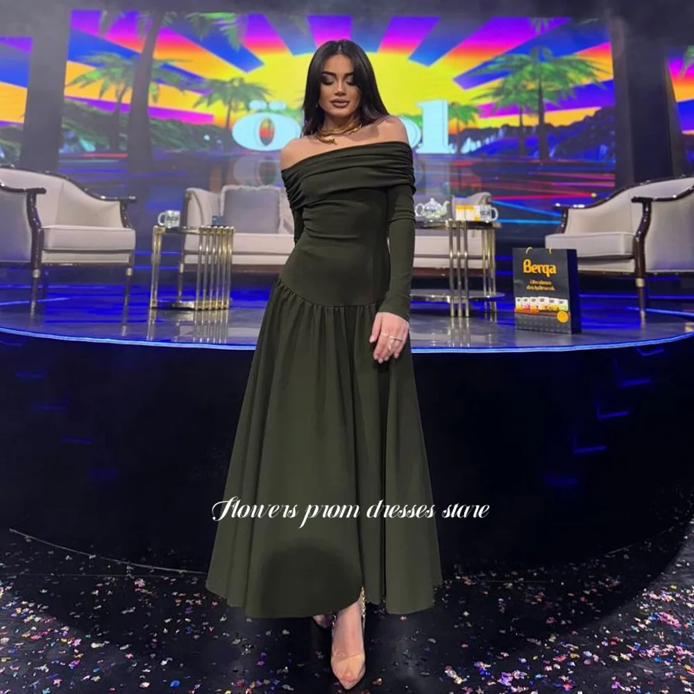 

Flowers Green Party Dress Long Sleeve Evening Dress Crepe Off Shoulder Prom Dress for Arabic Women vestidos de novia Customized