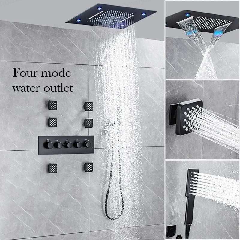 

LED Thermostatic Digital Display Brass Shower Set Embedded Ceiling Concealed Installation Showerhead Hot and Cold Showers Faucet