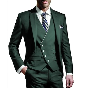 Men Suit Army Green 3 Piece Groom Wear Peak Lapel Wedding Tuxedos Business Party Evening Jacket Vest With Pants