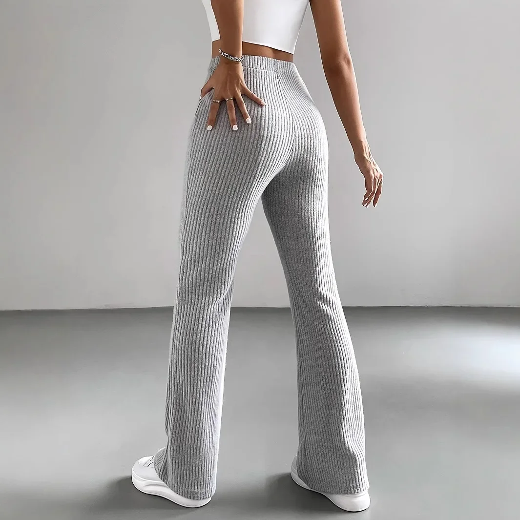 2025 Cross-border New Thorn Women's Autumn Solid Color Casual Rib Knit Fashionable All-Match Slim Pants