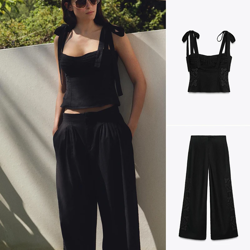 

Льняной комплект с высокой талией, плиссированный топ и брюки с вышивкой, комплект из двух предметов, летняя женская одежда Faion