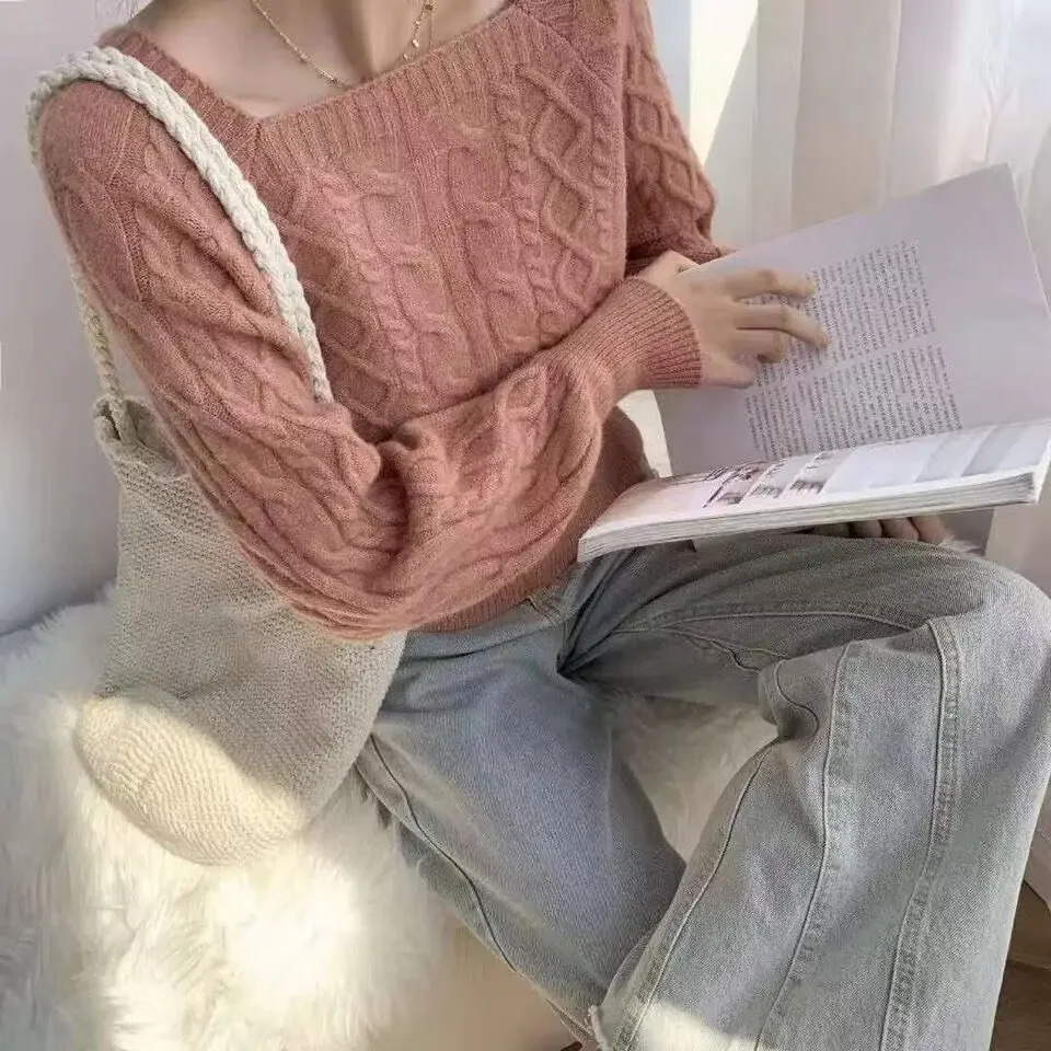Soft Milk Knit Sweater Women's Design Spring Autumn Retro Square Collar Knitted Top Polyester Fiber Long Sleeve Short Length