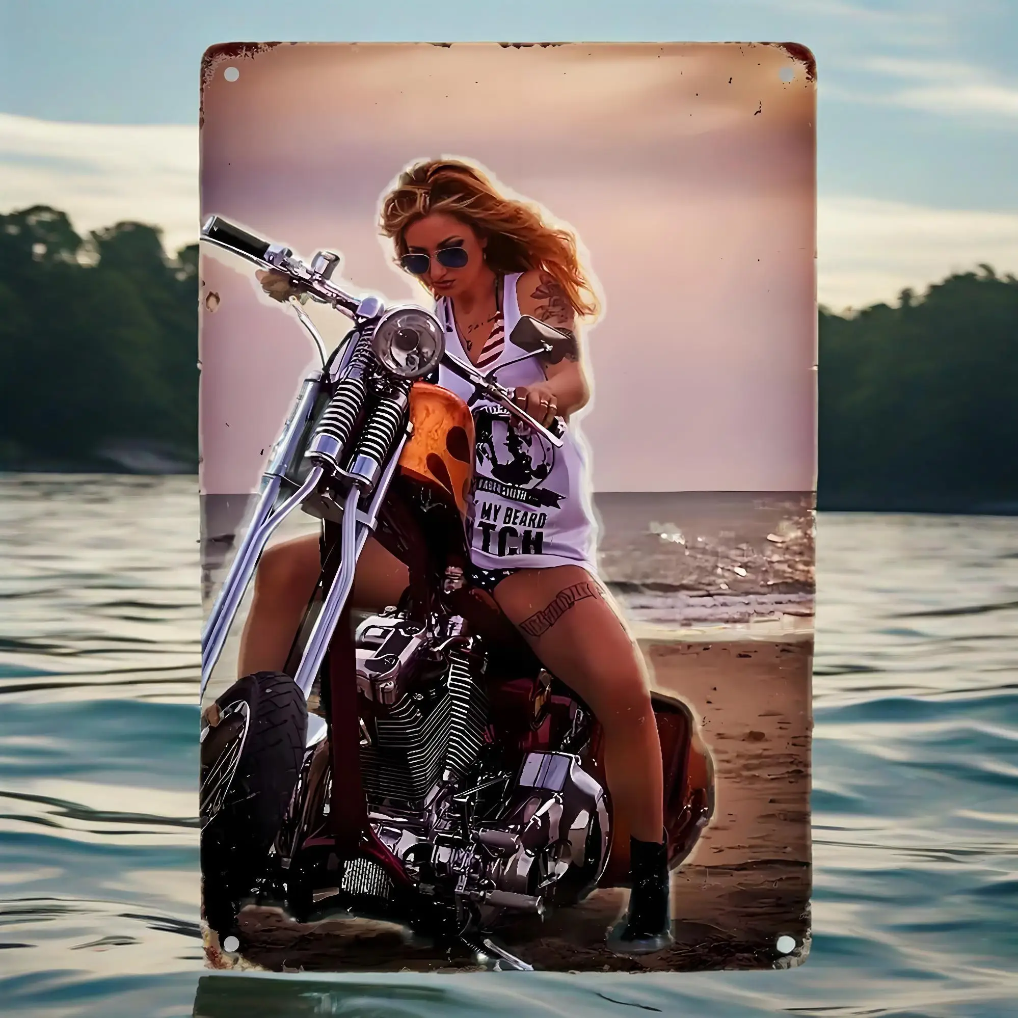 Timeless Vintage Motorcycle Art — Sun-Drenched Beach Scene with Tattooed Siren | Ideal for Living Room, Bedroom & Bar Decor