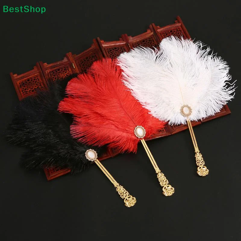 ✍Vintage Ostrich Feather Hand Fan, Decorative Feather Fan with Gold Handle for Wedding, Party & Cosplay