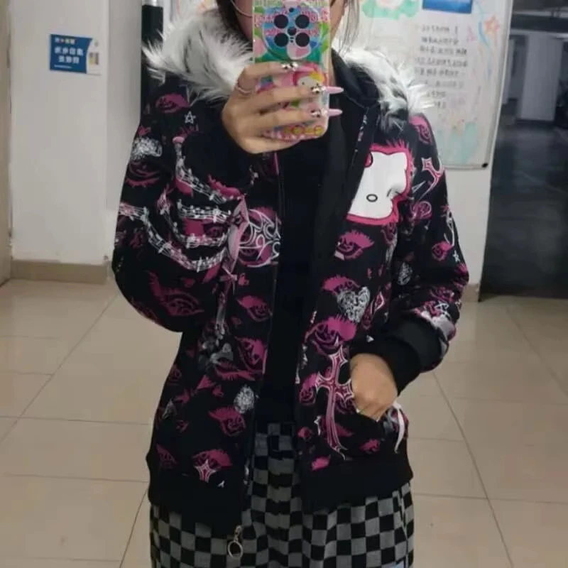 Y2K Gothic Hello Kitty Zip Up Hoodie Leopard Faux Fur Collar Cross Skull Graphic Jacket Pink Bow Lace Ribbon Decor Sweatshirt view 4