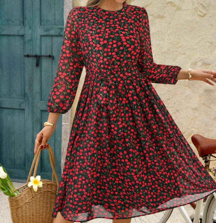 Summer Dress Woman  Floral Print O-Neck High Waisted Long Sleeved Casual Beach A-Line Chiffon Midi Dress