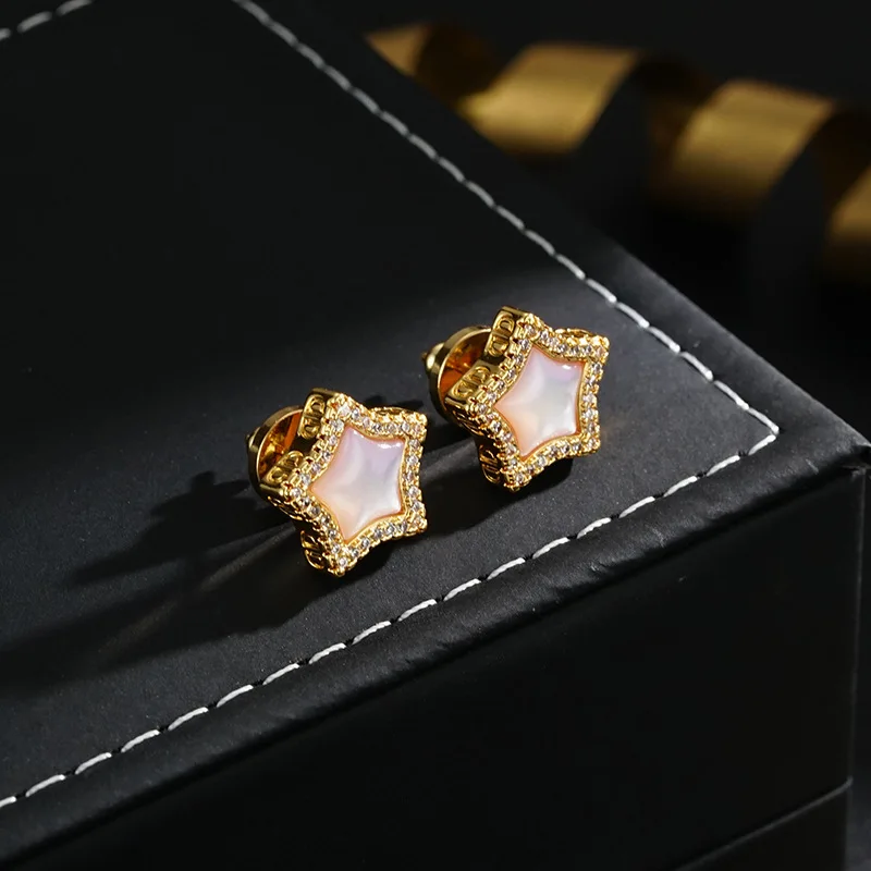 Exquisite micro-inlaid pink shell five-pointed star stud earrings, light luxury, fashion, and high-end niche design earrings and