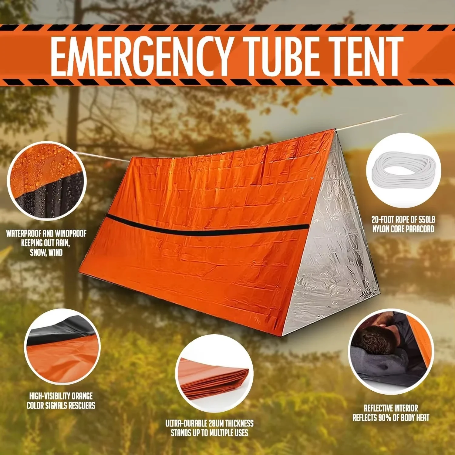 

2pcs Orange 2-Person Emergency Tents - Portable Outdoor Survival Tents with Waterproof & Windproof Design for Camping Backup She