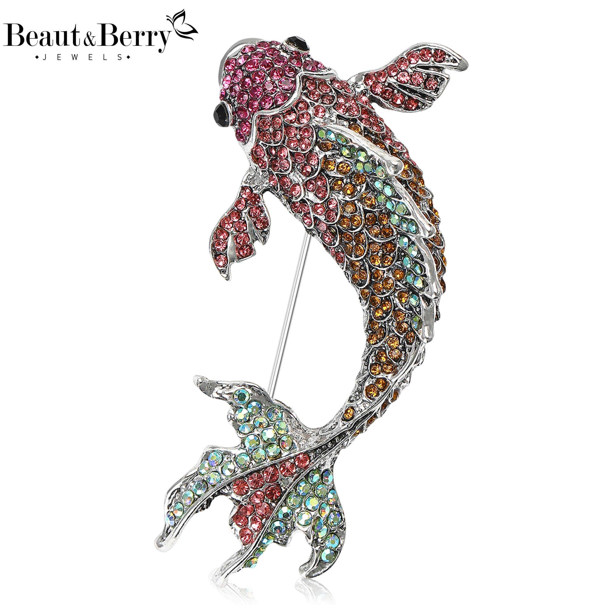 Beaut&Berry Luxury Rhinestone Carp Brooches for Women Unisex Fish Pins Casual Party Accessories Fashion Gifts Friends Decoration