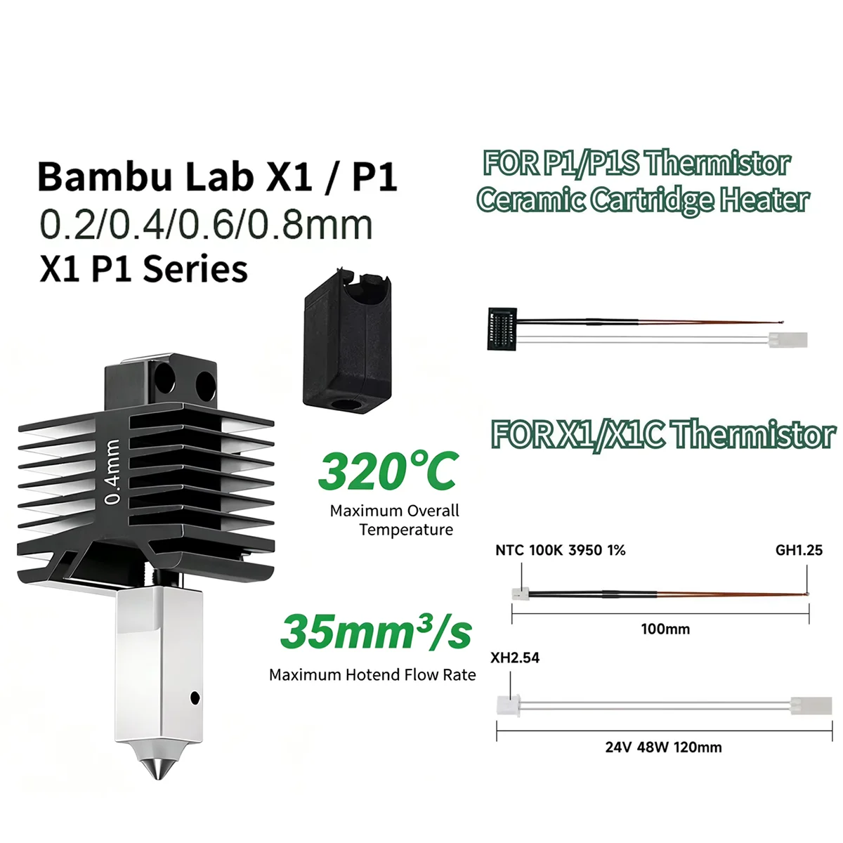 

All-in-one Hotend Kit with 0.4/0.6/0.8mm Hardened Steel Nozzle Replacement Parts for Bambu Lab P1P P1S X1 X1C