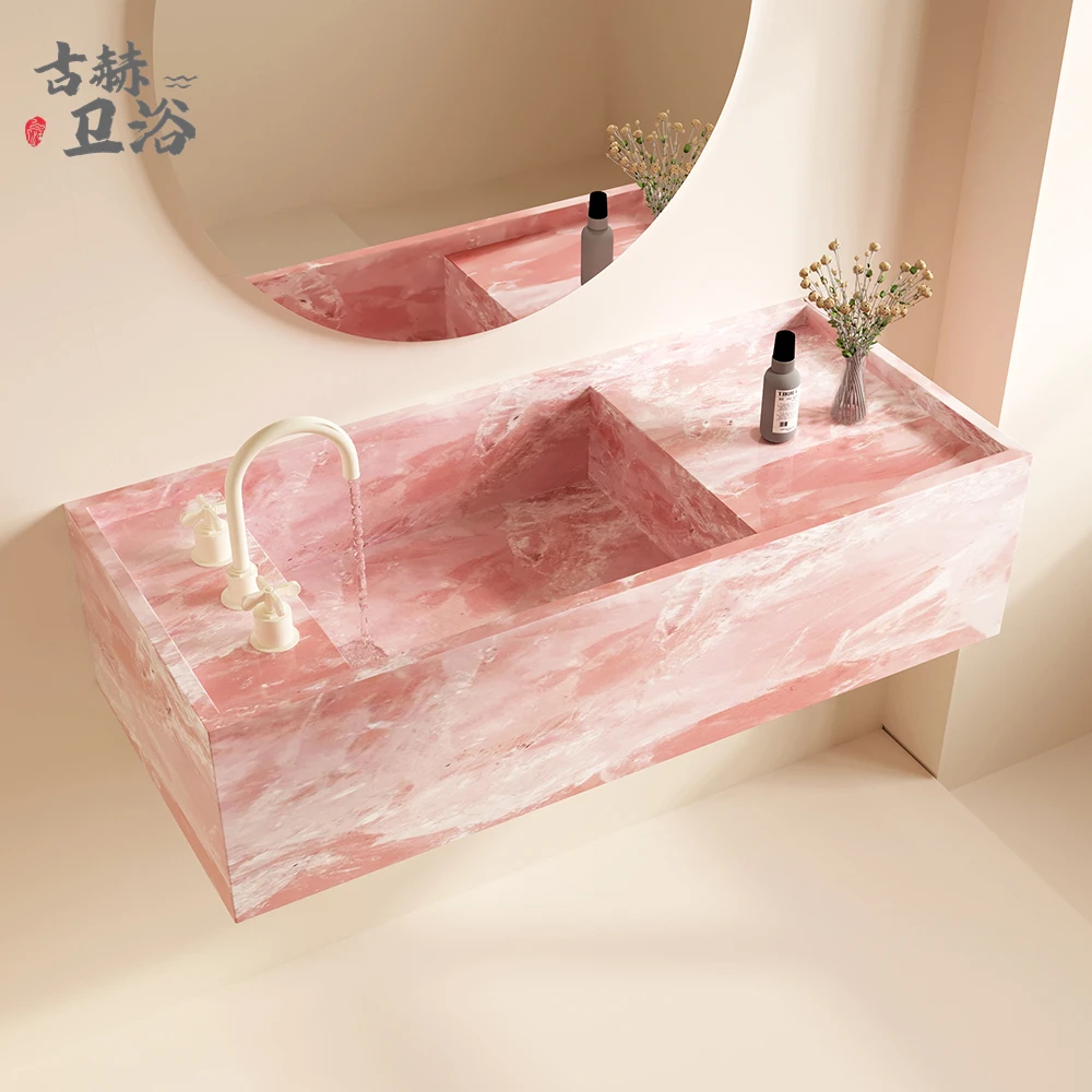 

Guhe Powder Jade Marble Luxury Stone Rock Slab Narrow Edge Deep Sink Wall-mounted Hand Wash Basin Bathroom Cabinet