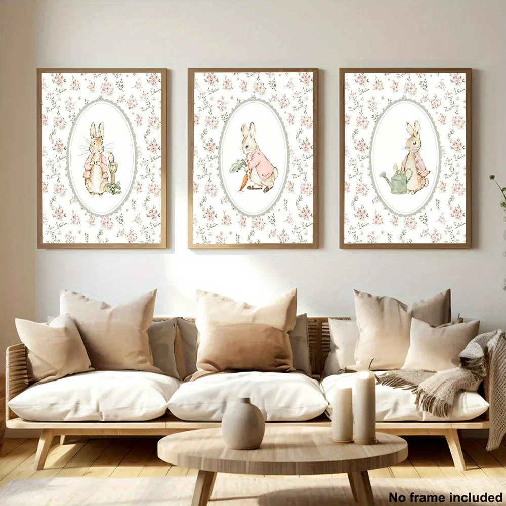3pcs Frameless Canvas,Living Room Decor Painting,Girl in Peter Rabbit Kindergarten Print By Beatrix Potter,Nursery Garden Art