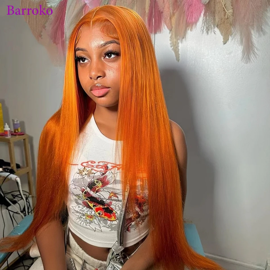 Barroko Colored Wig Ginger Lace Front Wig Human Hair 34 Inch Bone Straight Orange Human Hair Wig Pre Plucked Brazilian For Women