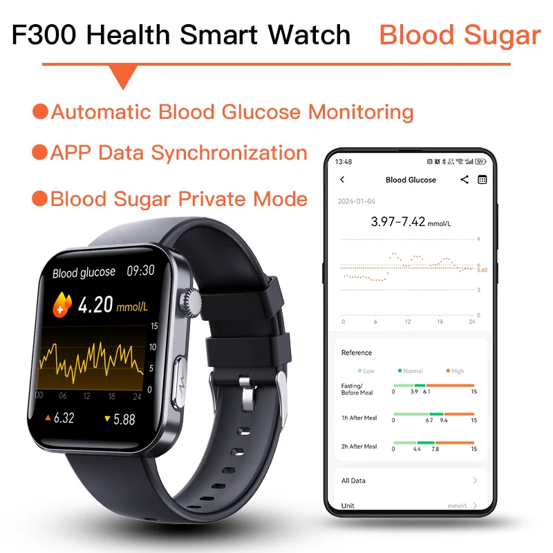 Smart blood sugar watch 24h measurement of glucose, blood pressure, blood lipids, uric acid, ECG, wireless Bluetooth smart APP