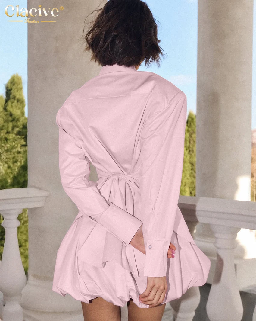 Clacive Fashion Loose Pink Cotton 2 Pieces Set Woman Elegant Long Sleeve Shirt With High Waist Pleated Mini Skirt Set Female image 6