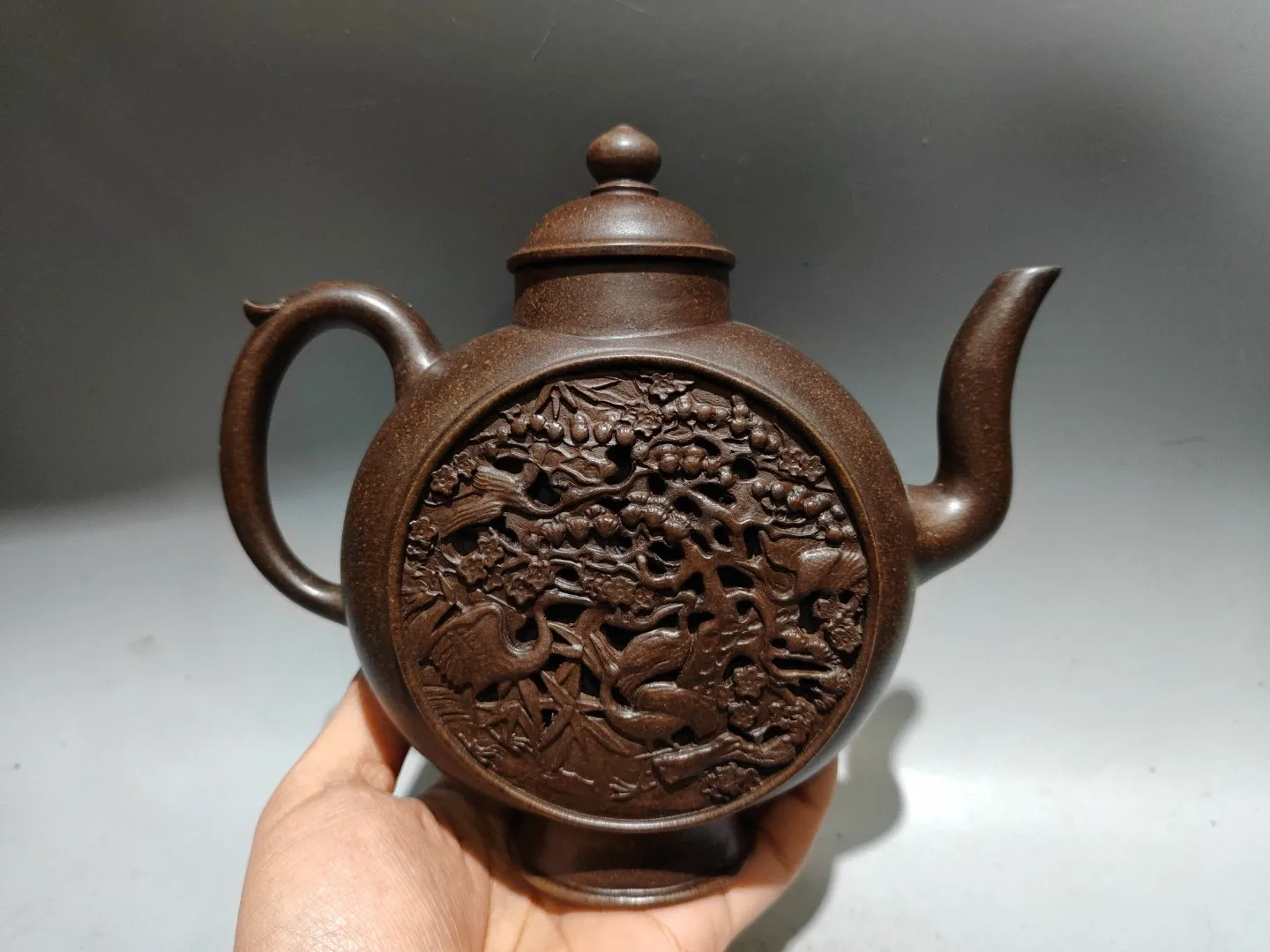 Old Handcraft Enameled  YiXing Zi Sha Clay  (red stoneware) Teapot,Carved picture of pine and crane with everlasting spring