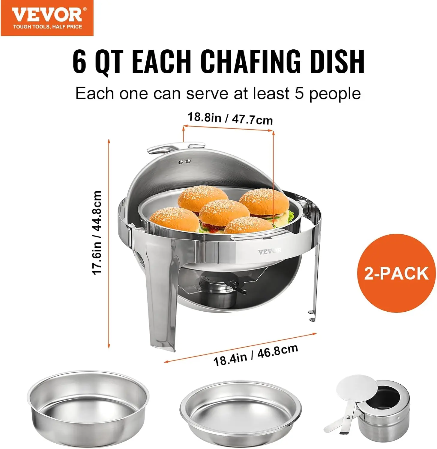 VEVOR Roll Top Chafing Dish Buffet Set, 6 Qt 2 Pack, Stainless Steel Chafer with 2 Full Size Pans, Round Catering Warmer Server