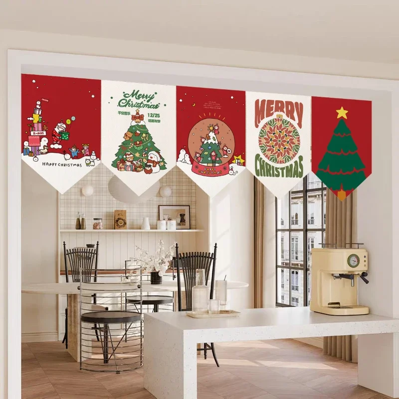 VIKAMA Christmas Triangle Flag Curtain Retro Christmas Tree Window Triangle Curtain Holiday Home Kitchen Wall Decoration