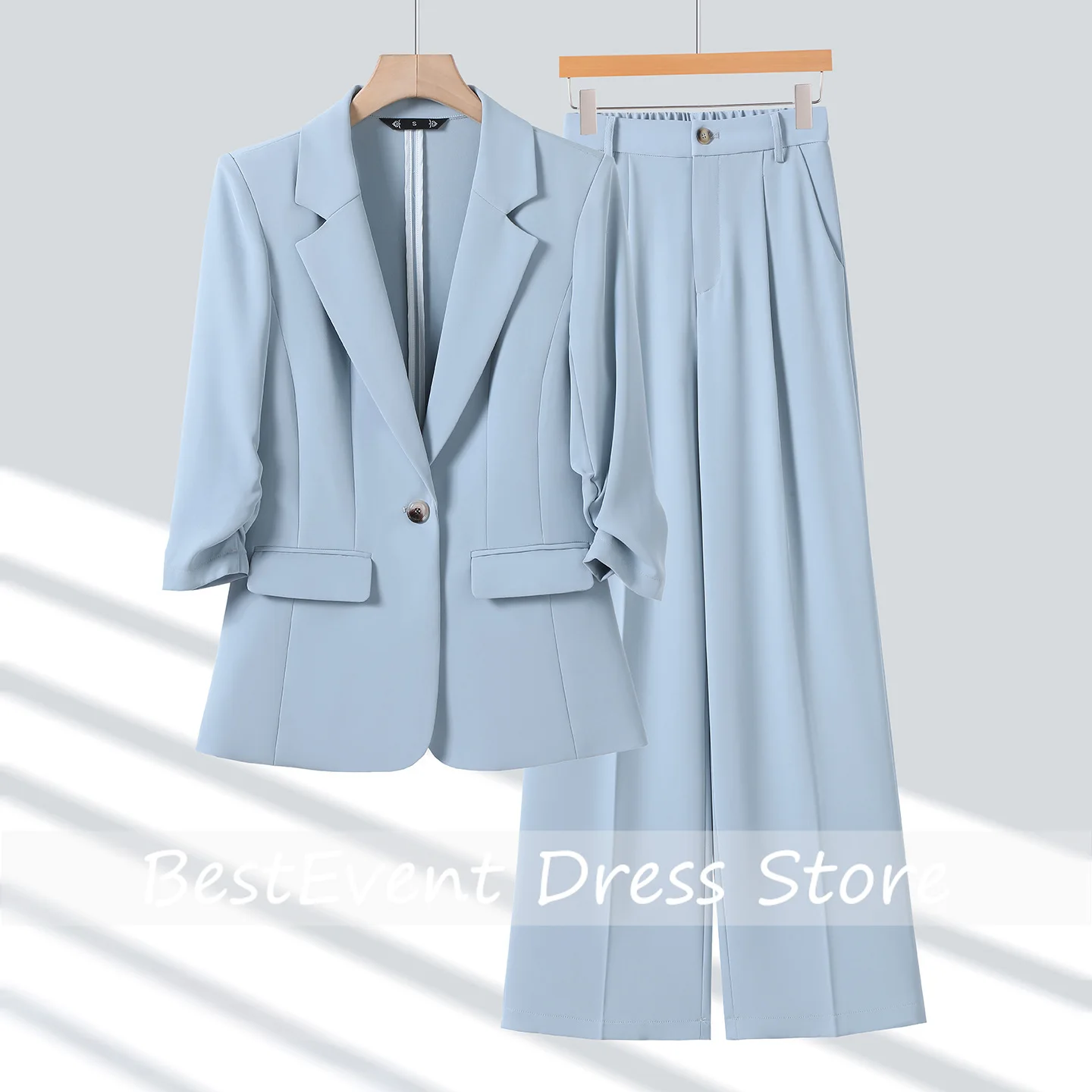 Light Blue Women's Suit Jacket Casual Style New Arrival Elegant Personality Polyester Material Long Sleeve Pants Set Customized