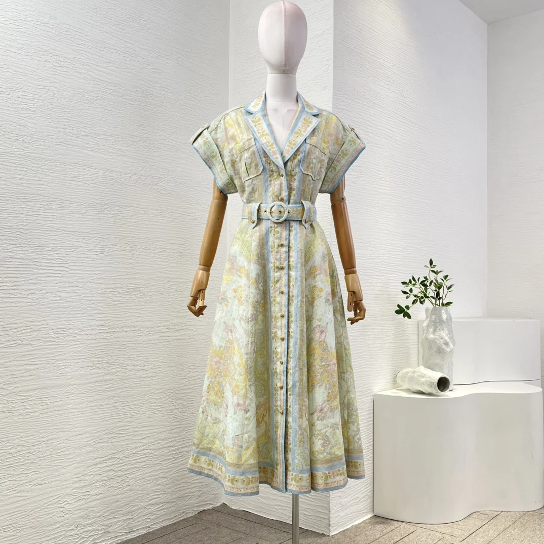 

Pure Linen High Quality Holiday New Floral Print Short Sleeve Belted Women Vintage Midi Dress