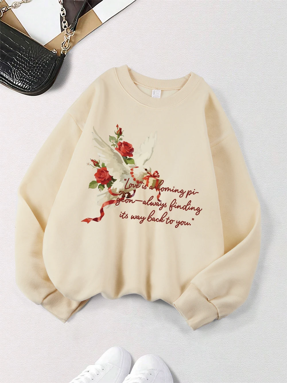 Presente apertado por pombos de longe imprime moletom feminino velo quente inverno hoodie solto casual pulôver crewneck roupas macias