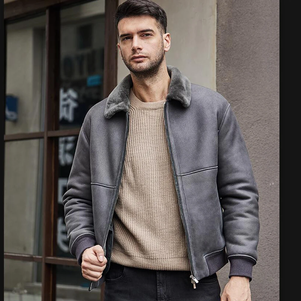 Denny&Dora Mens Short Shearling Jacket Casual Coat Grey Leather Jacket Lapel Collar Sheepskin Coat