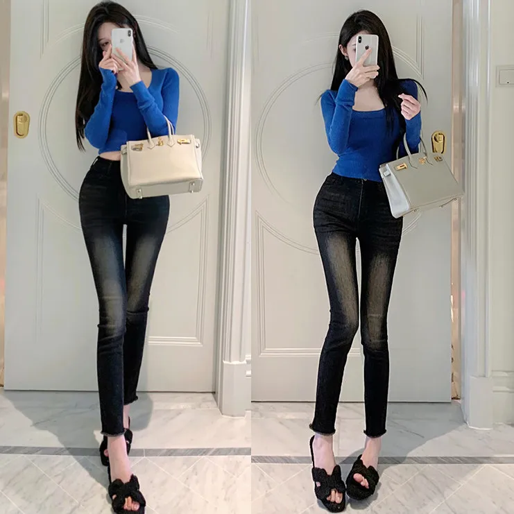 Bla-pantalones vaqueros ajustados de cintura alta para mujer, pantalones vaqueros adelgazantes sexys de puro deseo, tela elástica de algodón para las cuatro estaciones