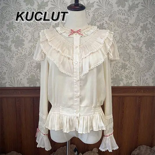 Long-sleeved Inner Lolita Style Doll Wall Stand-up Collar V-shaped Ruffle Edge Casual Elegant Blouses Femme Women's Tops