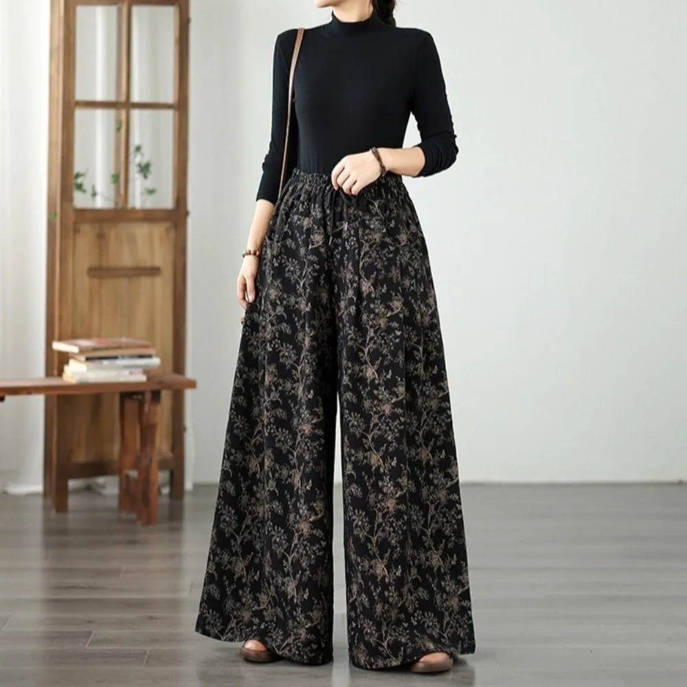 Versatile Plus Size Wide Leg Pants High Waist Loose Fit Denim Pants Elastic Waist Print Pattern Straight Cut Pants For Women