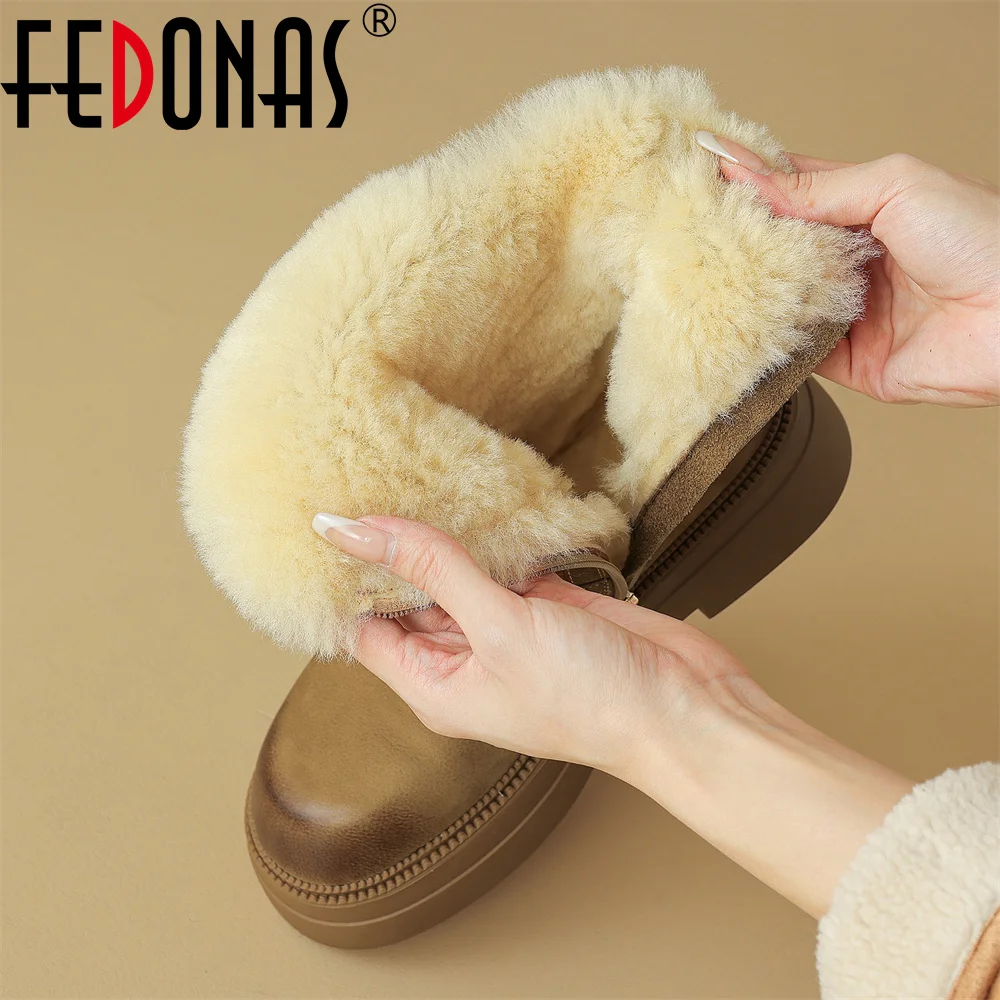 FEDONAS Fashion Warm Genuine Leather Women Ankle Boots Low Heeled Wool Inside Snow Boots Platforms Short Motorcycle Boots