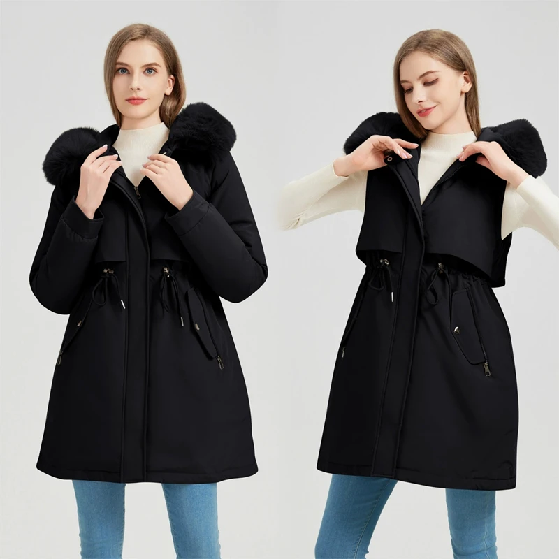 Jaket Parka Wanita Berkerah Bulu dengan Tudung, Panjang Sedang, Berlapis Kapas, Lengan Dapat Dilepas, Lapisan Beludru Tebal, Mantel Musim Dingin, Pakaian Luar Wanita