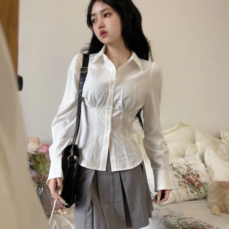 Long Sleeve Shirts Women Korean Style Fashion Casual Slimming Solid Simple All-match Spring Sweet Spicy Girls College JK Chic