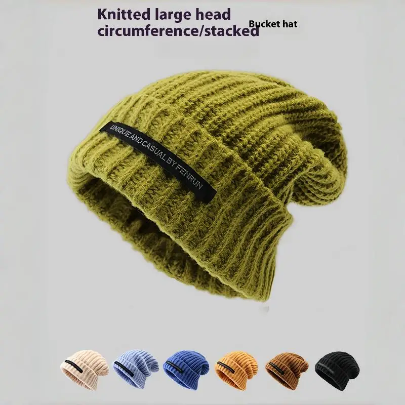 

Warm Knitted Patchwork Men's Winter Hat Face Slimming Trendy Couple's Cuffed Beanie Casual Street Style Knit Cap
