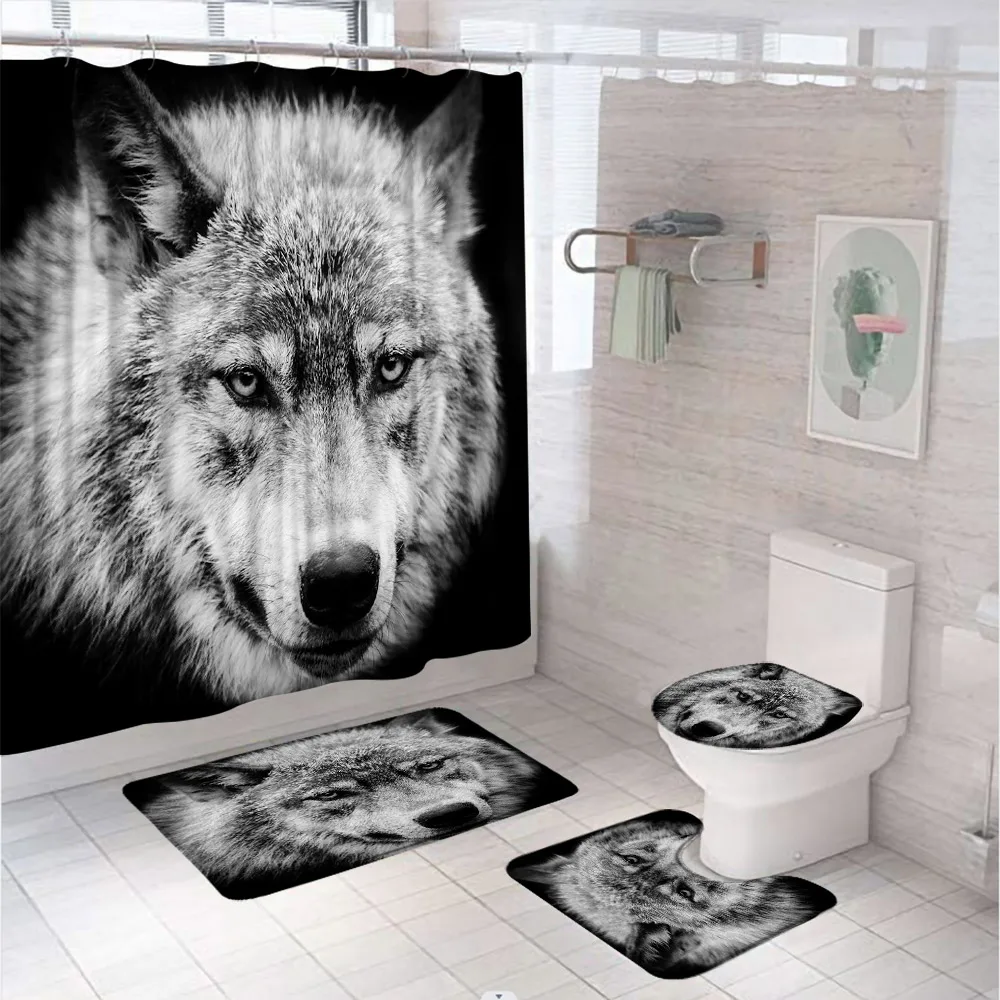 Wild Animal Wolf Shower Curtain Set Non-Slip Carpet Rug Toilet Lid Cover Bath Mats Black White Wildlife Fabric Bathroom Curtains