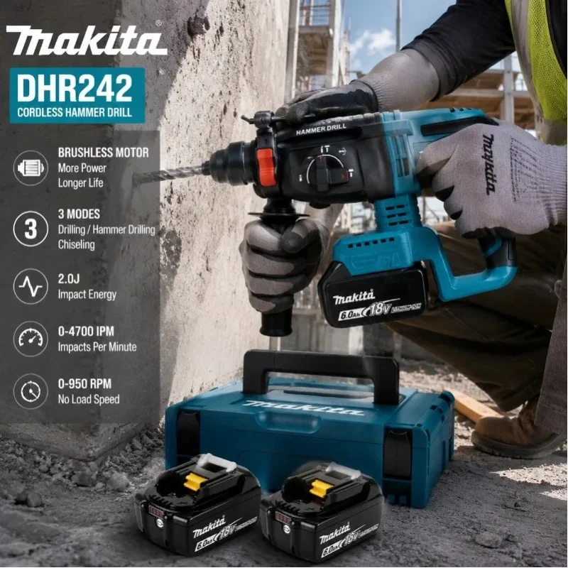 100% Original Makita DHR242 18V Bürstenloser Bohrhammer, Kabelloser Elektrobohrer für Beton 24mm, 4700 IPM Schlagrate, 3-Modus Hochleistungs-Profiwerkzeug, 18V 6Ah Akku